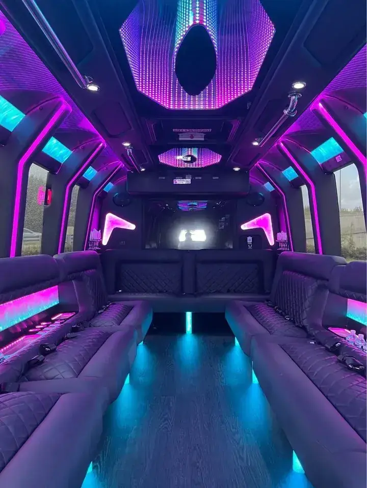 Party bus with blue and pink lights